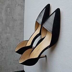 Marion Parke Black Suede Gunmetal Leather D'orsay Kitten Heels 37/ 6.5-7 NWOT